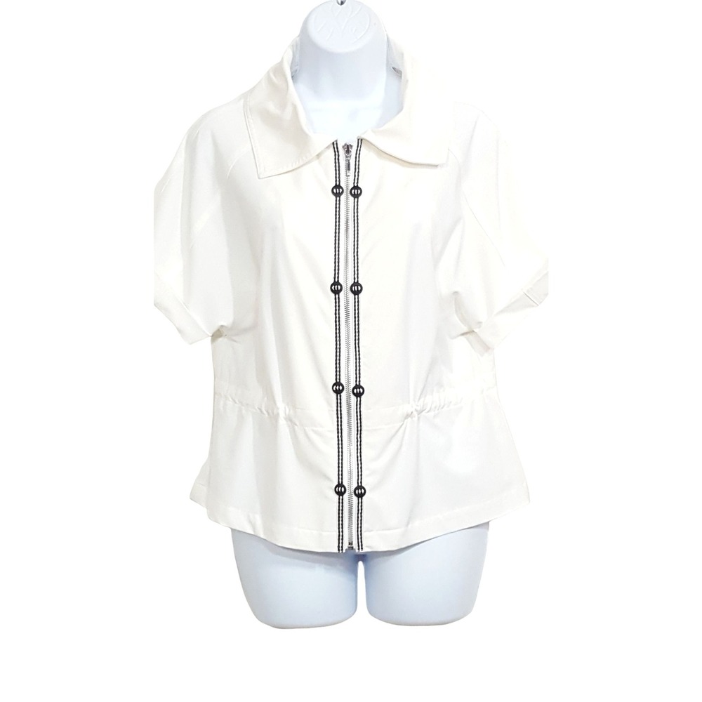 Chico's Zenergy Blouse Womens Size 0 US Small White Navy Trim Full Zip